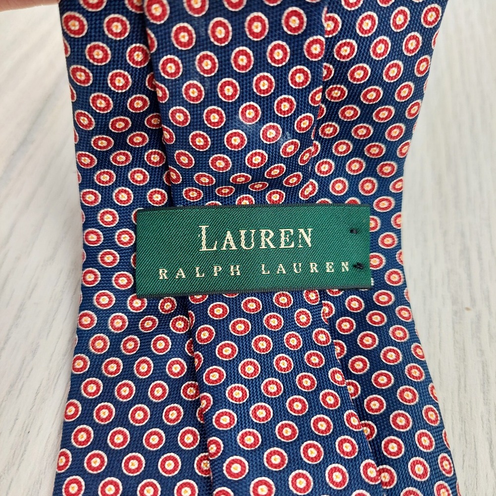 Lauren Ralph Lauren Tie Mens OS Navy Blue Red Medallion Geometric Silk Necktie - Picture 3 of 7